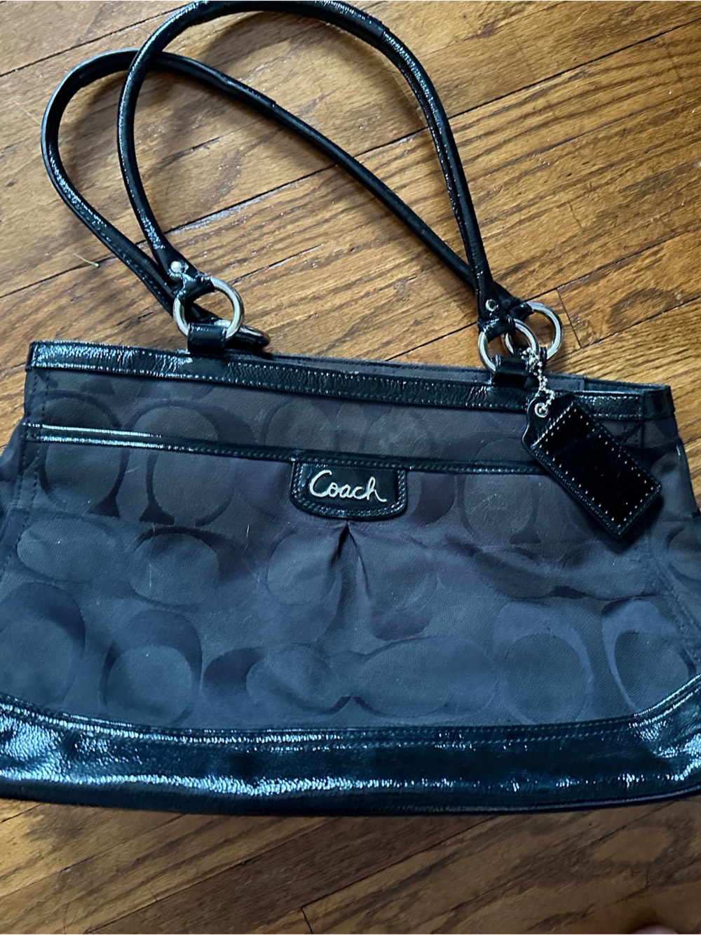 Coach Black Signature Shoulder Bag with Patent Trim